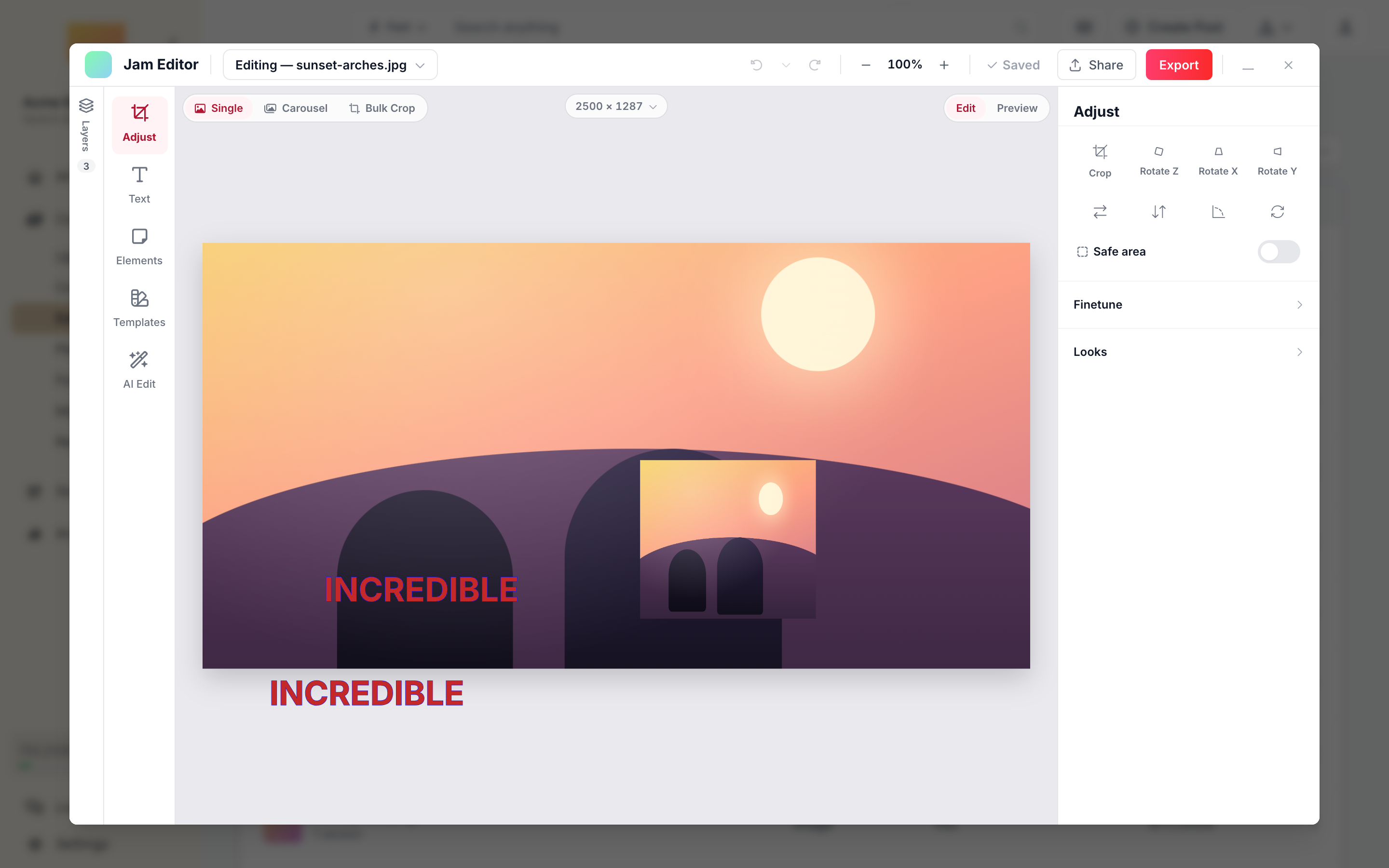 The Jam Editor open on a photo, with Adjust, Text, Elements, Templates and AI Edit tools and the Single, Carousel and Bulk Crop modes
