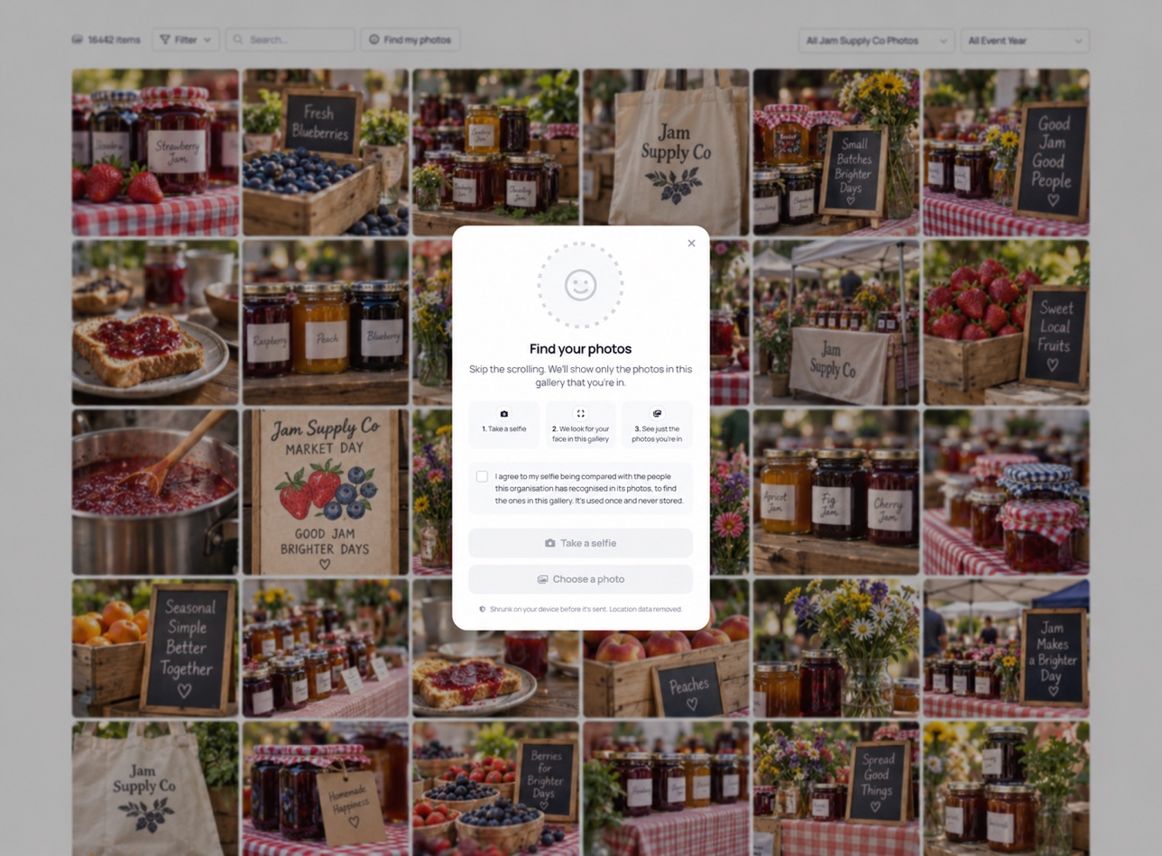 a public gallery page with the Find my photos button visible in the filter bar and a matched results grid